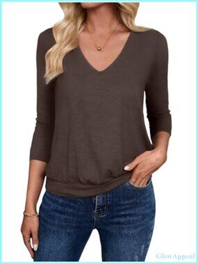 Sialois Women 3/4 Sleeve Blouse V Neck Banded Bottom Tunic Shirt